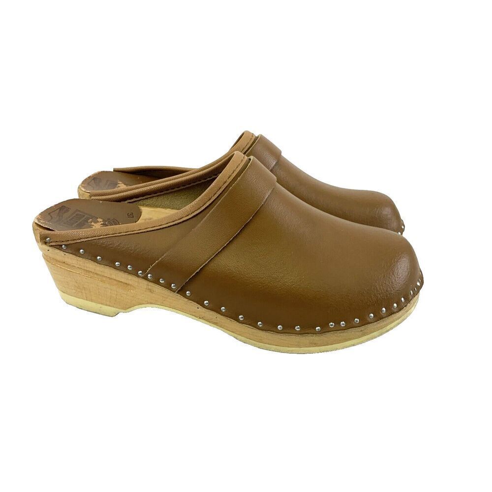 BOGO Bastad Original Wooden Clog Brown Tan Leather Made Sweden Slip On Womens 37